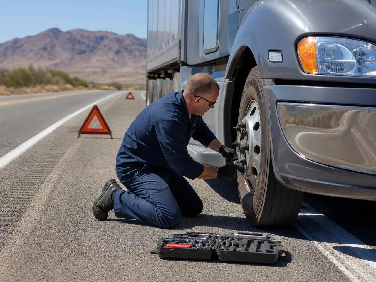 Emergency roadside diesel repair in Phoenix, AZ with a technician working on a semi truck wheel end on the interstate shoulder