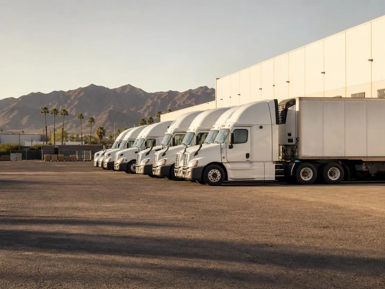 Commercial truck fleet parked at a Phoenix, Arizona distribution warehouse during scheduled mobile fleet maintenance