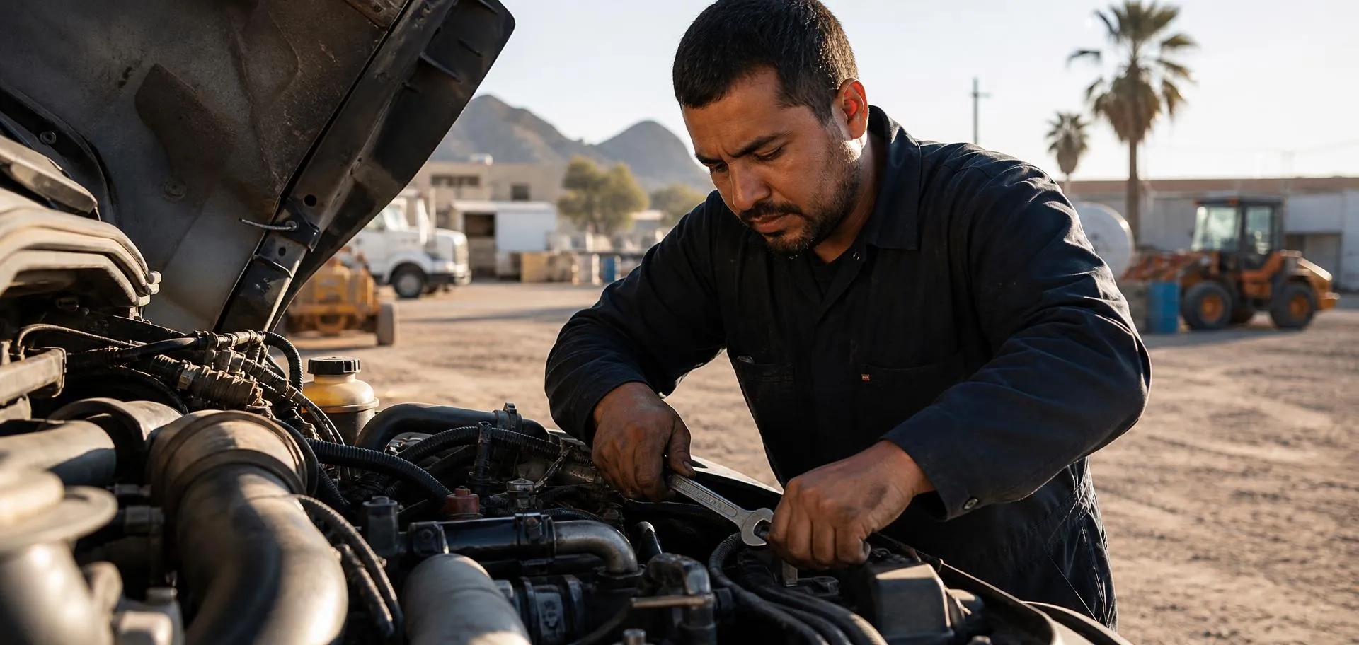 Professional mobile diesel mechanic performing engine repairs under the hood of a commercial truck at a Phoenix, Arizona industrial yard