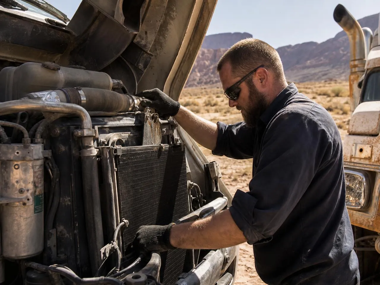 Heavy-duty truck cooling system repair in Phoenix desert heat, with a technician replacing a radiator and coolant hoses